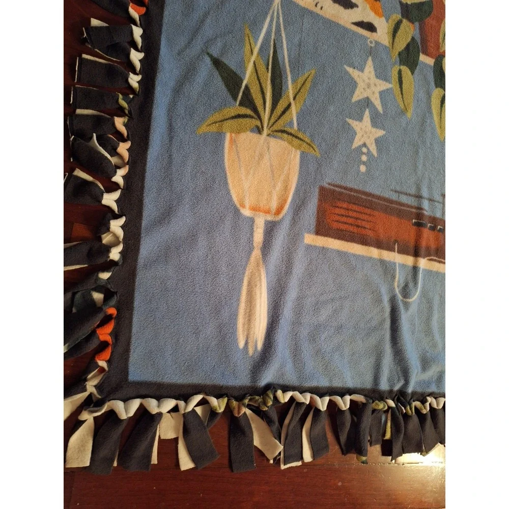 Handmade Fleece Tie Blanket Cats Books Plants Library Print Blue Throw 58